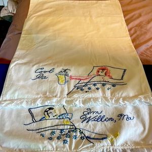 Vintage pillowcases: comical hand embroidery featuring married couple’s evening